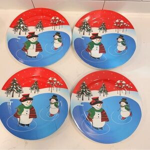Trisa Melamine Dinner Plates 10.5” Snowman Winter Red Blue Lot Of 8